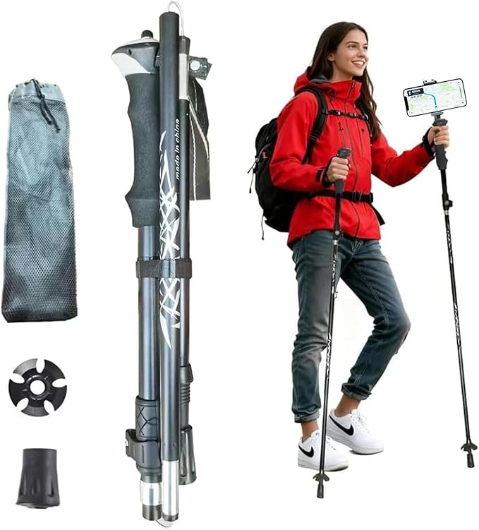QIYUANCHUANG Collapsible/Foldable Camera & Phone Mount Ready Trekking Poles - Ultra-Portable for Travel & Hiking, Lightwei...