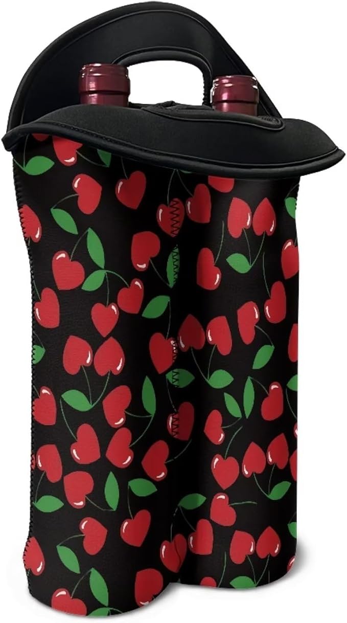 doginthehole Cherry Neoprene Wine Bag 2 Bottle Wine Tote Carrier Wine Accessories for Wine Lovers, Cute Fruit Print Wine Bottle Holder Champagne Beer Bags for for Travel, Party, Wedding, Birthday