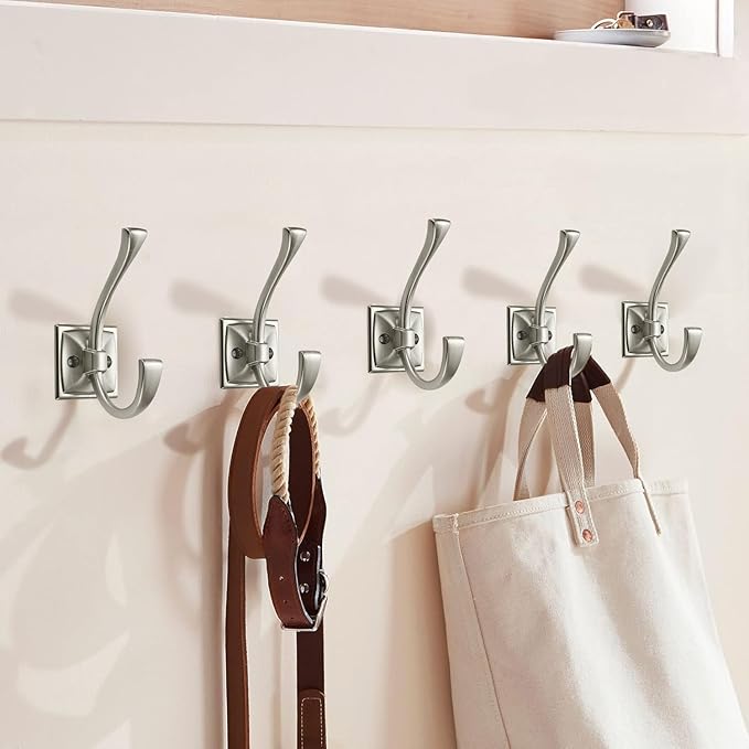 Large Wall Hook Pack, Brushed Satin Nickel, 4.35 Inch Double Robe and Coat Hooks, Towel and Bag Hangers, Wall Mounted with Screws