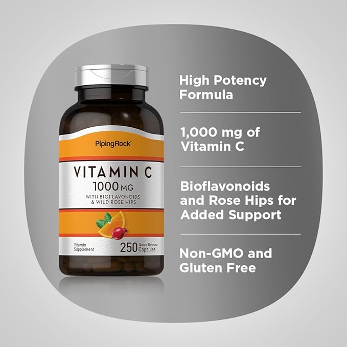 Piping Rock Vitamin C 1000mg | 250 Capsules | with Bioflavonoids and Rose HIPS | Supplement for Women and Men | Non-GMO, Gluten Free