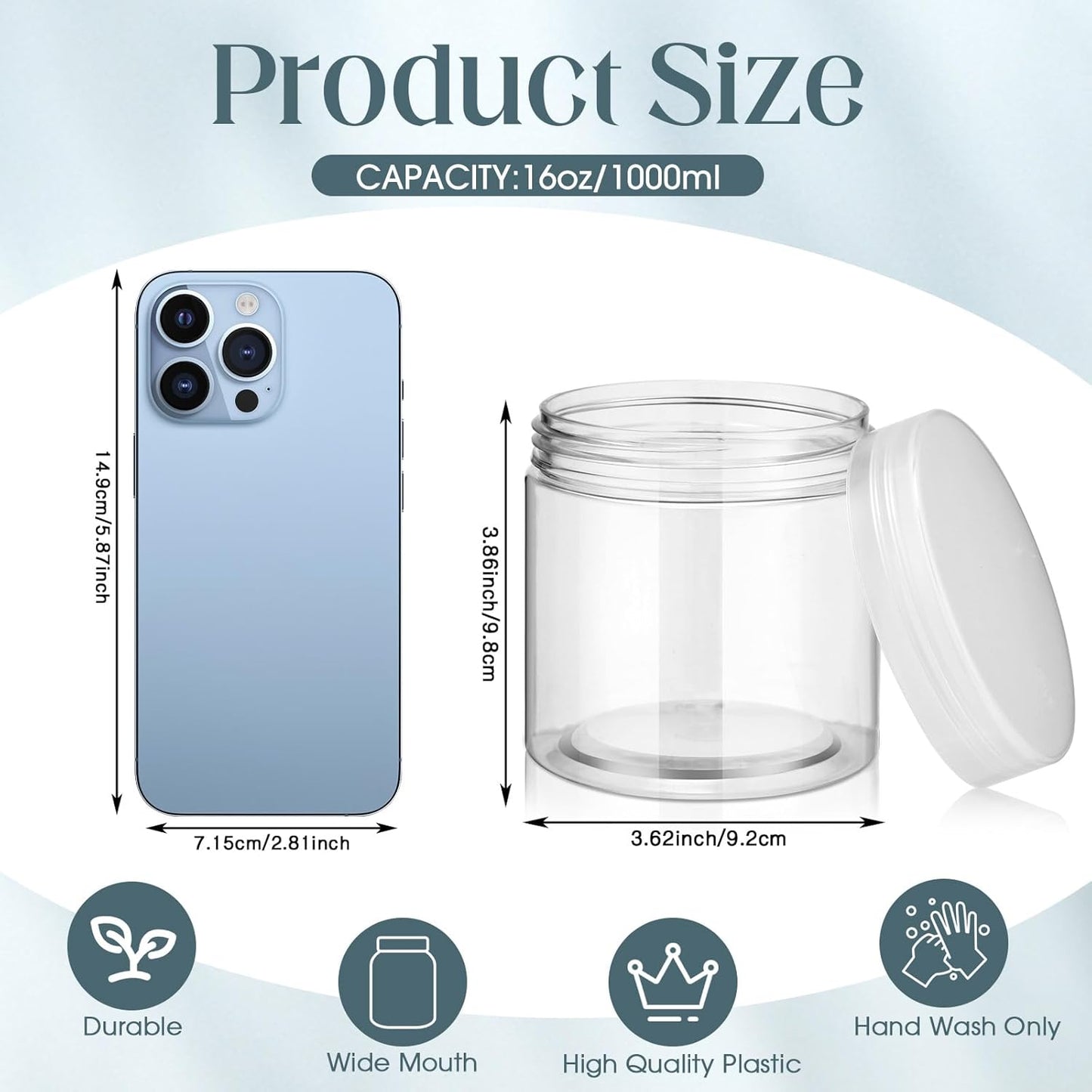 SATINIOR 12 Pack 16 oz Plastic Container Jars with Lids Round Clear Travel Cosmetic Container Slime Jars for Toiletries, Lotion, Cream, Ointments, Makeup, Rhinestone, Samples, Kitchen Storage(Clear)