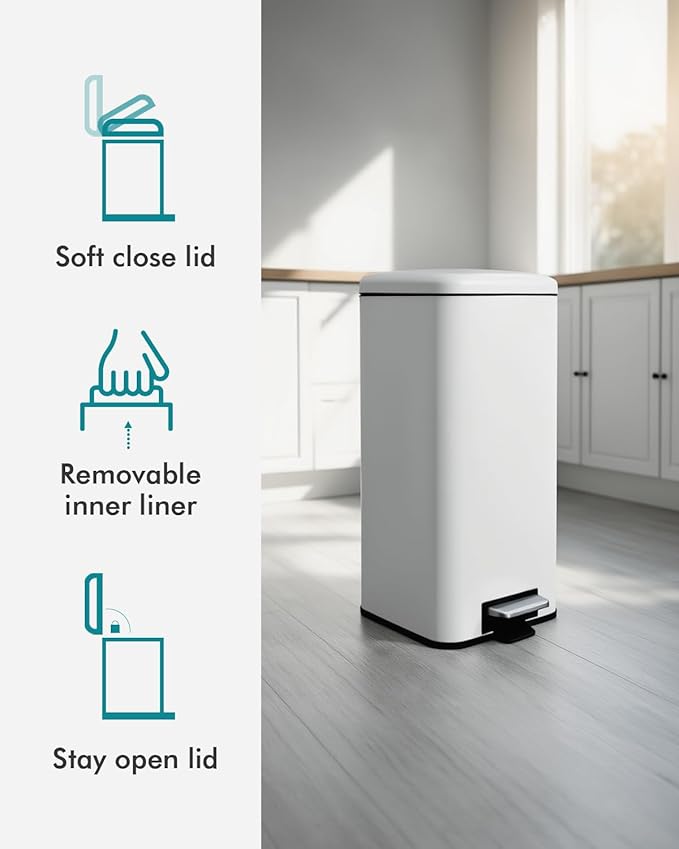 8 Gallon Square Trash Can with Lid, White Kitchen Trash Can with Soft Close, InnerBucket & Steel Pedal, Stainless Steel Garbage Can for Kitchen, Laundry Room, Office, Bathroom, Dorm