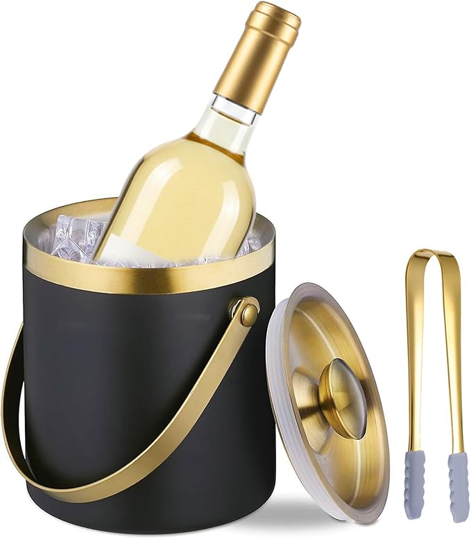 Sipoyen Ice Bucket with Lid, Handle and Tong Black Gold Insulated Stainless Steel Champagne Bucket 2L Wine Bucket for Part...