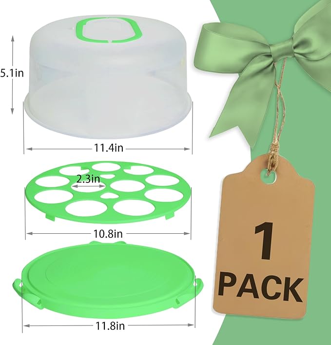 Green Plastic Cake Carrier with Lid and Handle, 4 in 1 Multipurpose Cupcake Holder Stand Platter for 10'' Cake, Portable Dessert Storage Container Box with Cover for Pie Pizza Eggs Fruit Snack