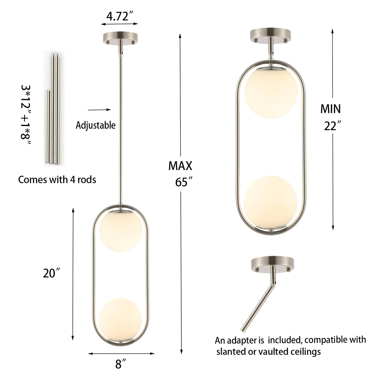 Byoliima Modern Globe Pendant Light 2-Lights Brushed Nickel Chandelier Mid Century Ceiling Hanging Lighting Fixture White Globe Glass Shades For Kitchen Island Dining Room Bedroom
