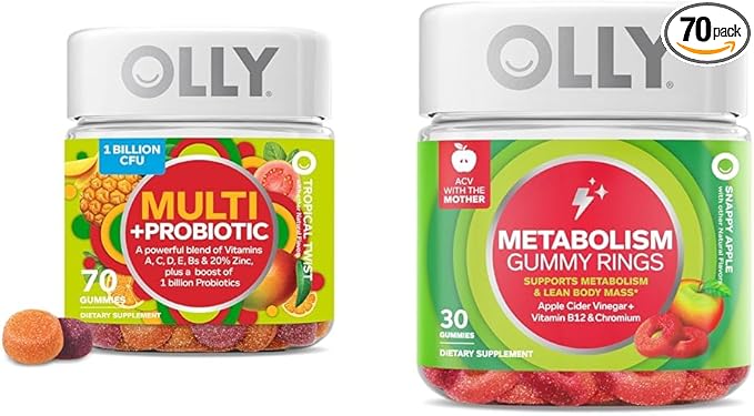 OLLY Multi + Probiotic Adult Multivitamin Gummy, 1 Billion CFUs, Digestive and Immune Support & Metabolism Gummy Rings, Apple Cider Vinegar, Vitamin B12, Chromium, Energy and Digestive Health