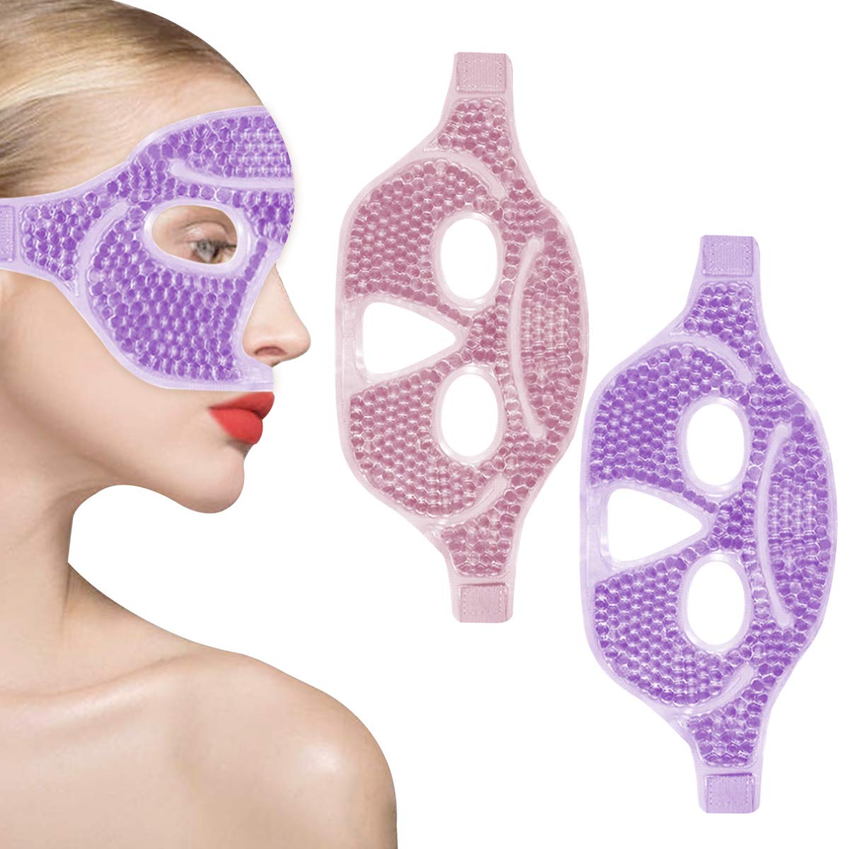 Ruzzut Cooling Gel Facial Mask, 2 PCS Reusable Face Pad for Puffiness & Swelling, Hot Cold Compress Heat Ice Gel Pack with Plush Backing for Migraine & Stress Relief, Pink and Purple