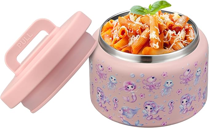 PIQUEBAR 8oz Kids Thermo for Hot Food,Small Lunch Thermos Food Container Stainless Steel,Easy Open Wide Mouth Thermo for Hot Cold Food for Preschool Travel (Pink Seahorse)
