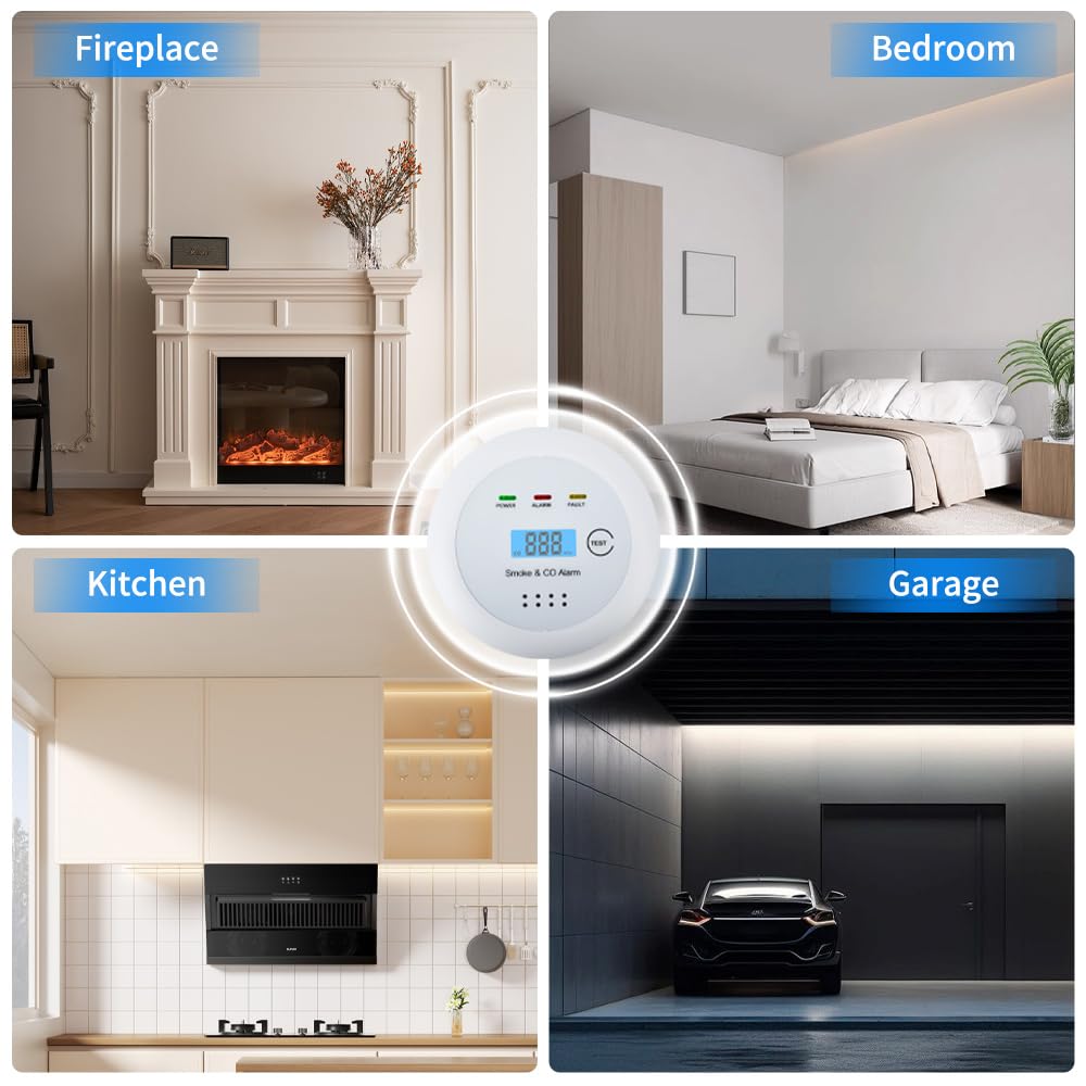 2 in1 Smoke Detector Carbon Monoxide Detector Combo,with LCD Digital Display and Sound Warning Test Button，Battery Powered，Easy Installation, for Home, Bedroom, Kitchen(2PACKS)