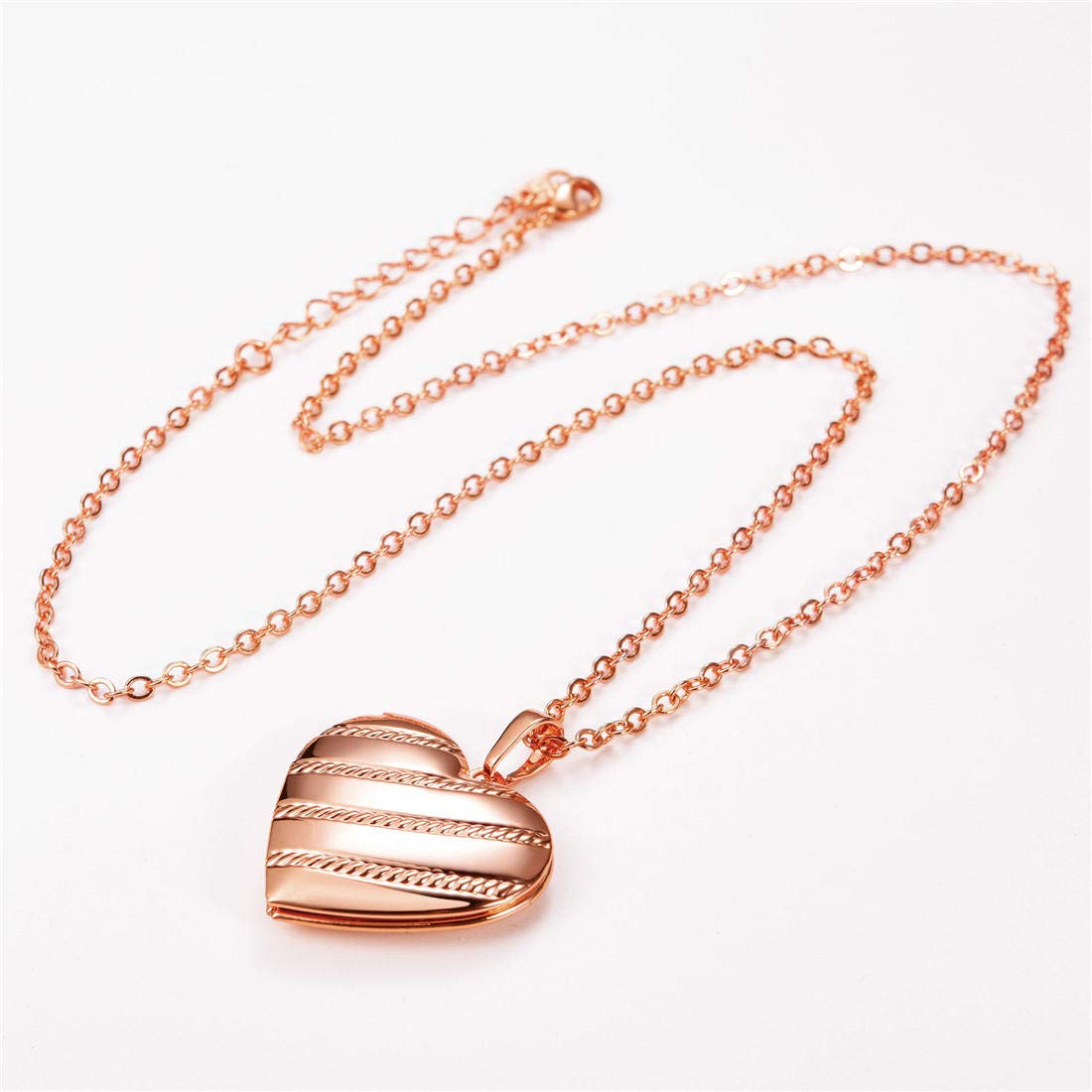 U7 Memorial Photo Locket Necklace Women Rose Gold Plated Stripe Heart Pendant with Chain 20 Inch