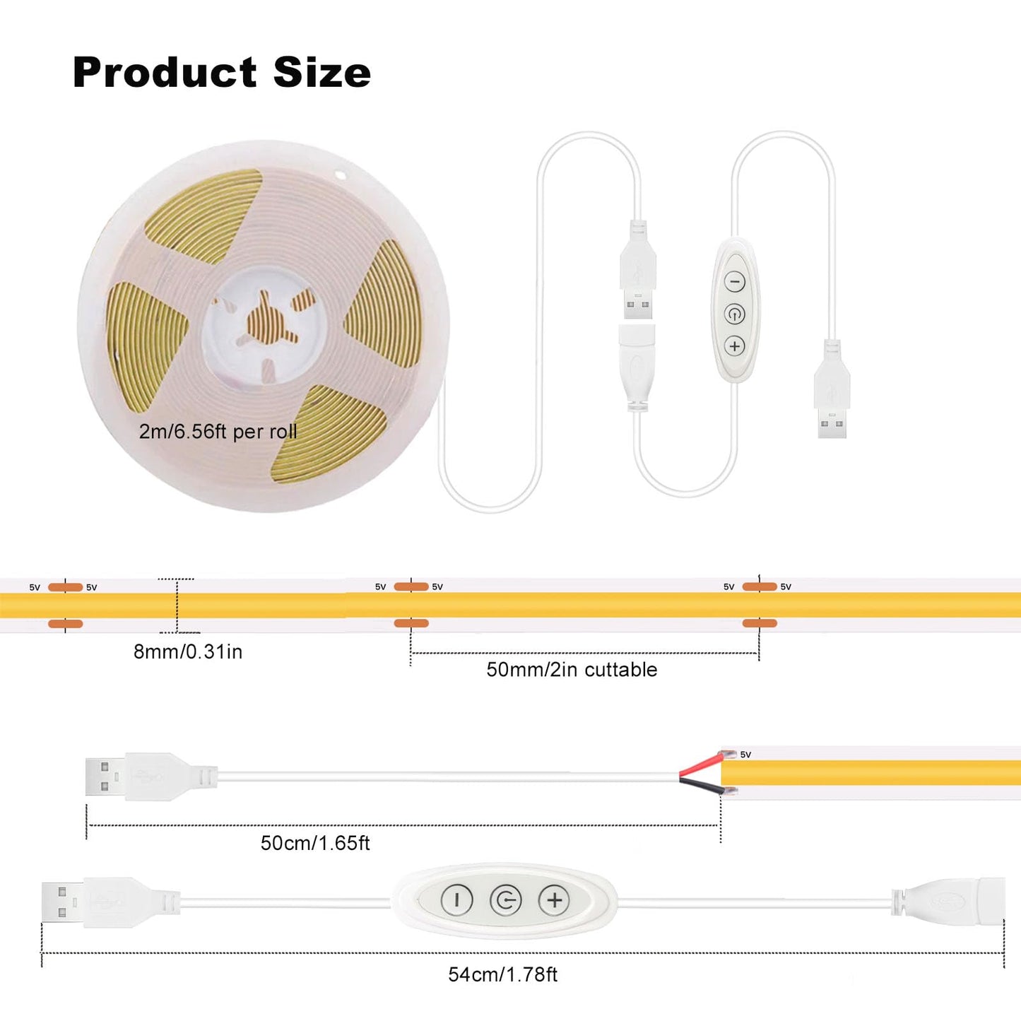 Gxilee Usb Light Strip - Warm White 3000K, 6Ft Cob Led With Dimmer, Model G-3000K-5V2M, Ideal For Tv & Indoor Diy