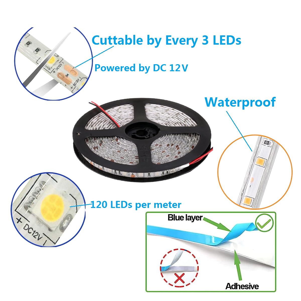 Foxdam Flexible LED Strip Lights, 300 SMD 5050 LEDs, Waterproof, 16.4ft/5m, 12V, 2 Pack, White
