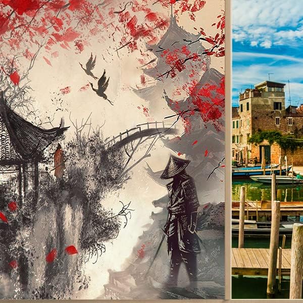 Vintage Japanese Samurai Air Window Film Watercolor Ink Ancient Cherry Blossom Red Sunblackout Window Film,Playroom Window Film 23.6Wx78.7L-Inch X1Pcs