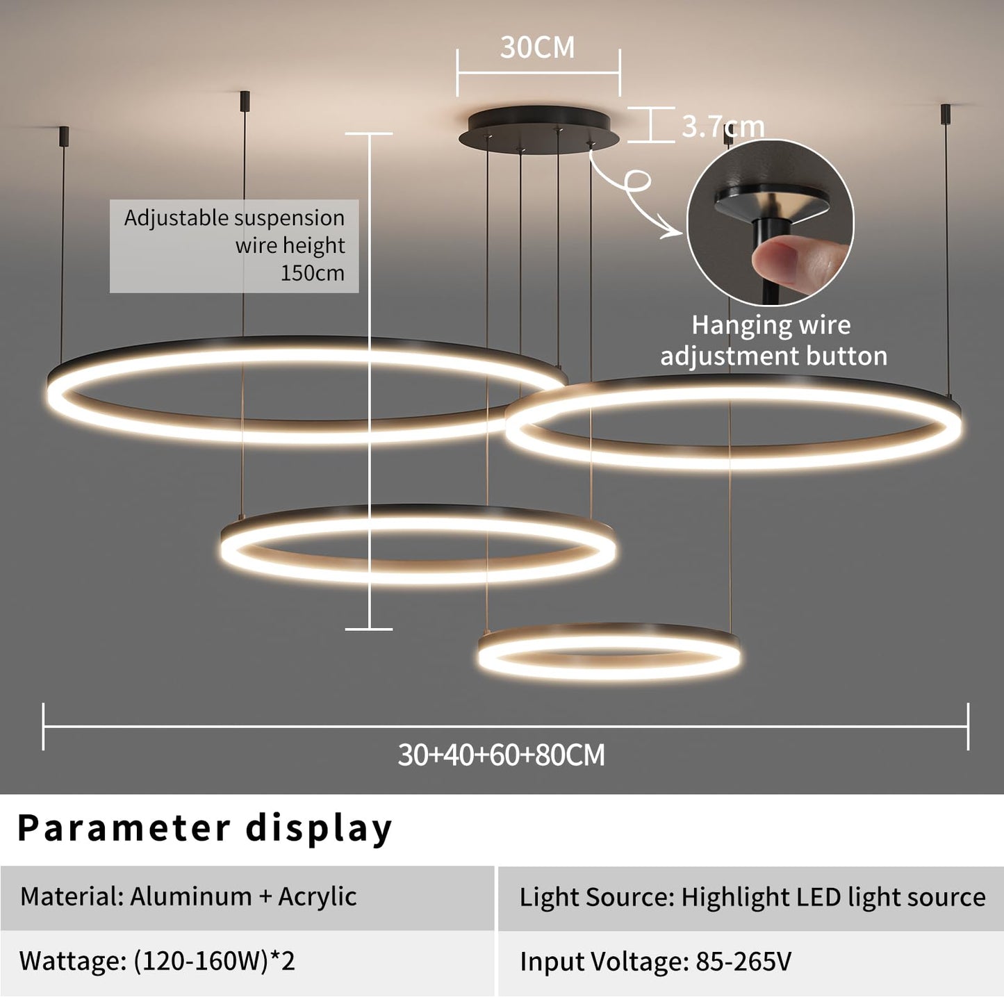 Matven Modern Ceiling Chandelier Light, Remote Control, Dimmable, 11.8x15.7x23.6in, Black, Model KD-YX