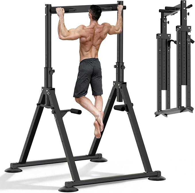 Foldable Power Tower Dip Station Pull Up Bar, Multifunction Triangular Structure Pull Up Station Home Gym Strength Trainin...