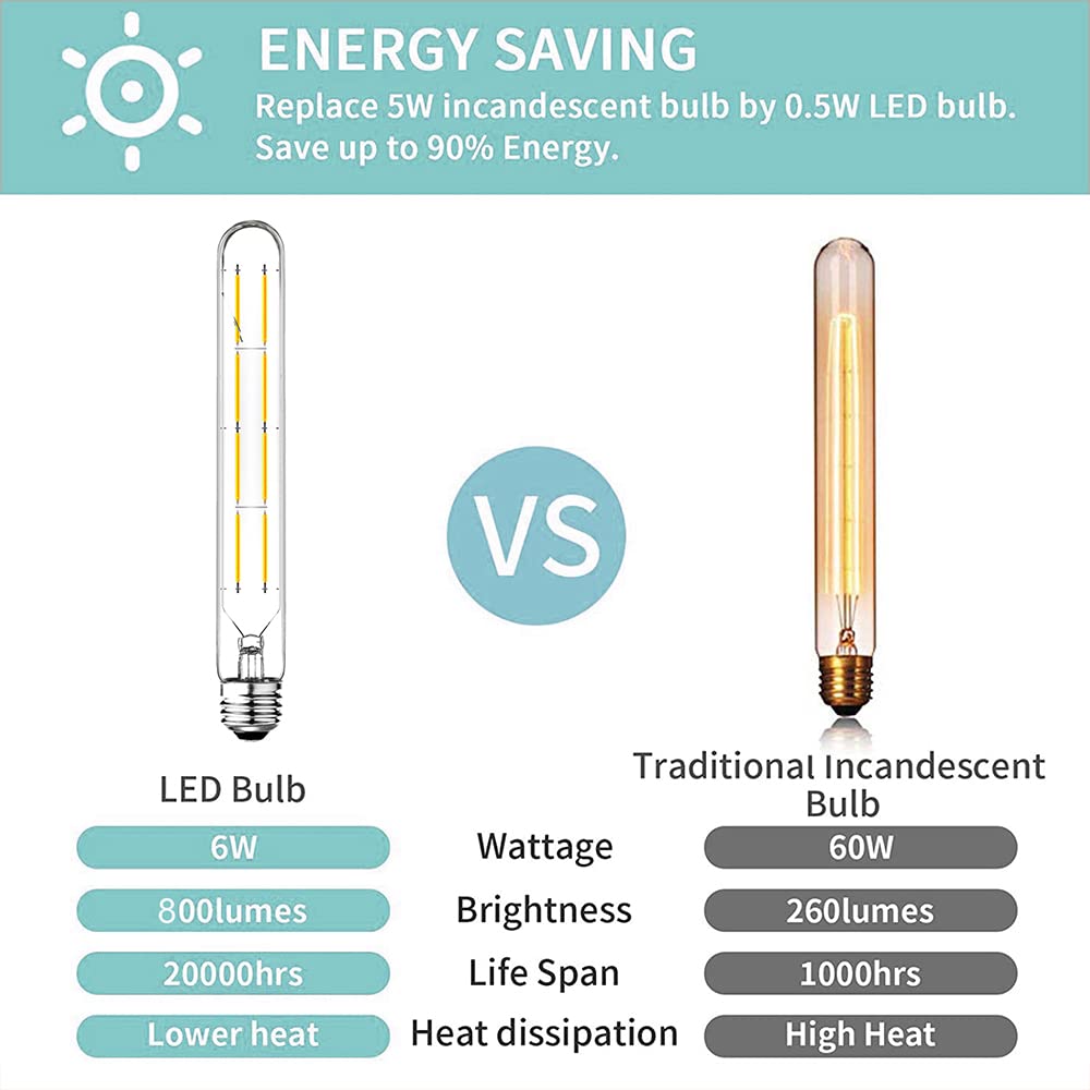Leools 8W Dimmable Edison LED Tubular Bulb T10, 4000K Daylight, Glass, 4-Pack
