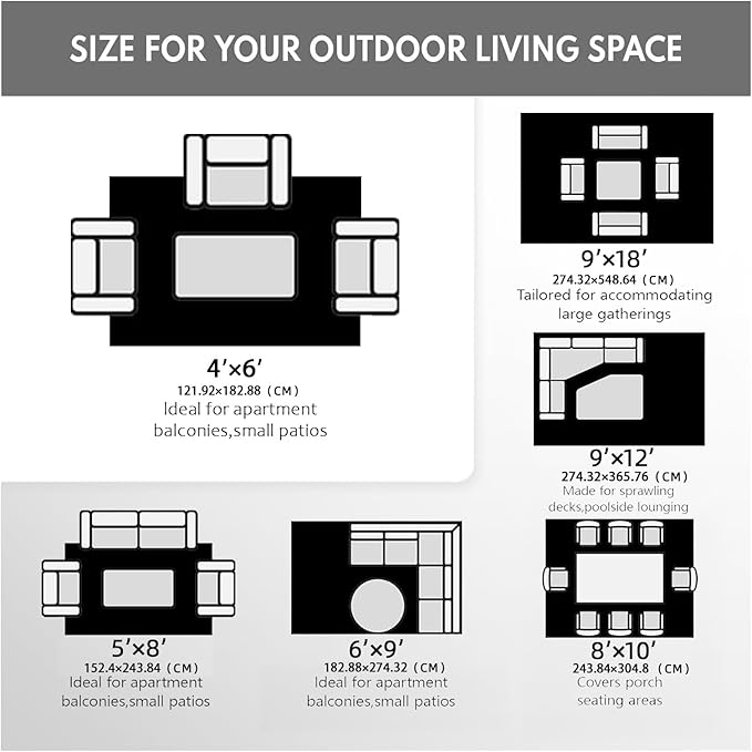 wikiwiki Outdoor Rug, 9x18ft Waterproof Reversible Mat Indoor Outdoor Rugs Carpet, Small Area Rug Plastic Straw Rug for Patio Deck Balcony Pool RV Camping Beach Picnic, Black & White, Rugscape Series