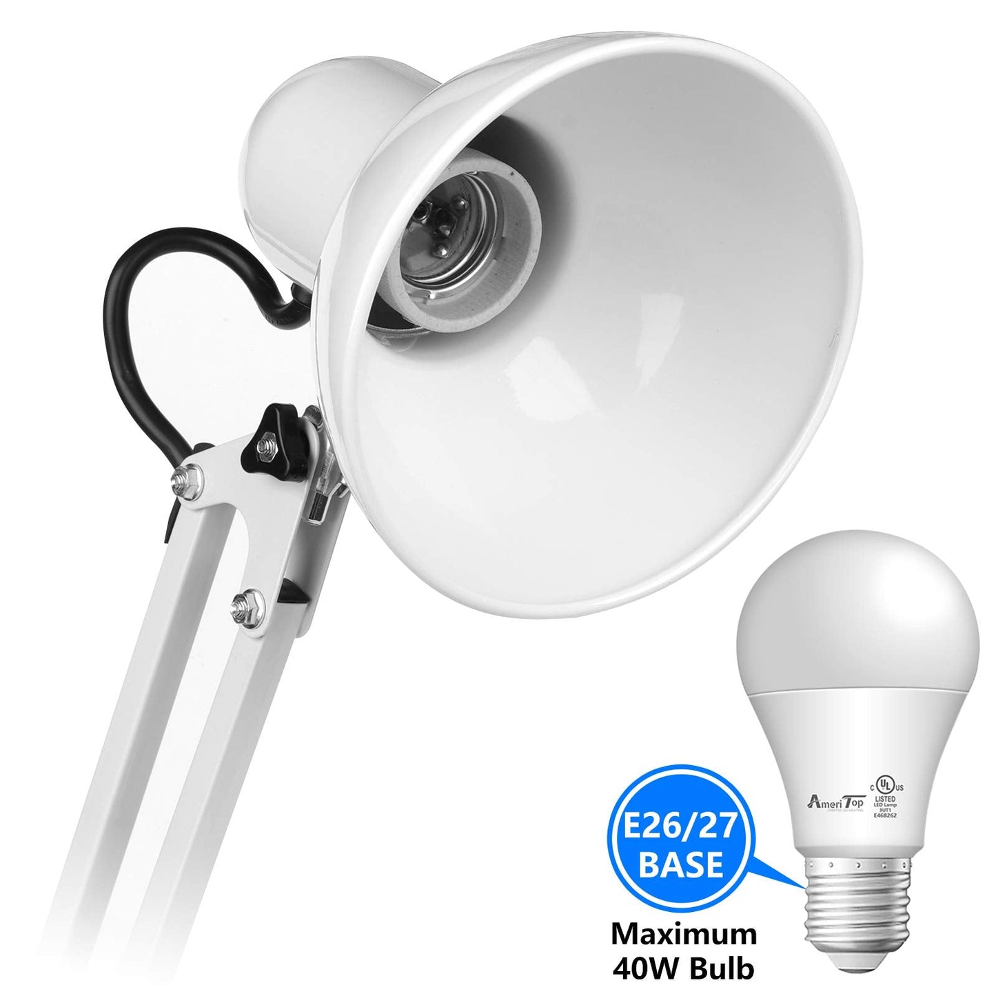 Ameritop Adjustable Metal Desk Lamp, Goose Neck Swing Arm, Eye-Caring, White