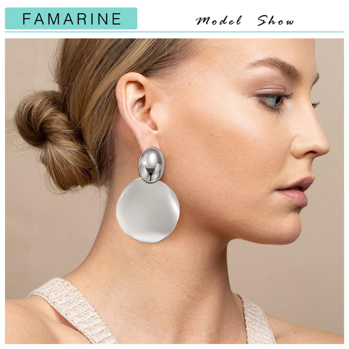 FAMARINE Silver Big Disc Statement Earrings Smooth Round Hammered Dangle Earrings for Women Earrings Fashion Jewelry