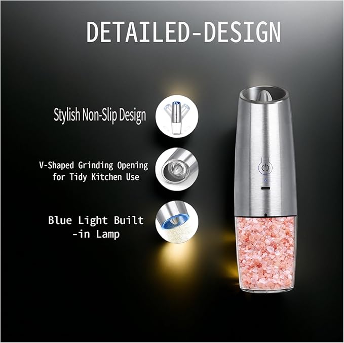 Electric Salt & Pepper Grinder,Spice Grinde USB-Rechargeable with Gravity-Activated LED Light, 150ml Silver Model for Kitchen Cooking, Travel, and Gatherings