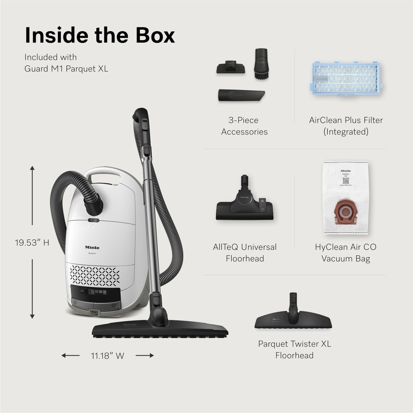 Miele M1 Parquet XL Bagged Canister Vacuum - High Suction Power for Hard Floors, Brilliant White, Model 12704680