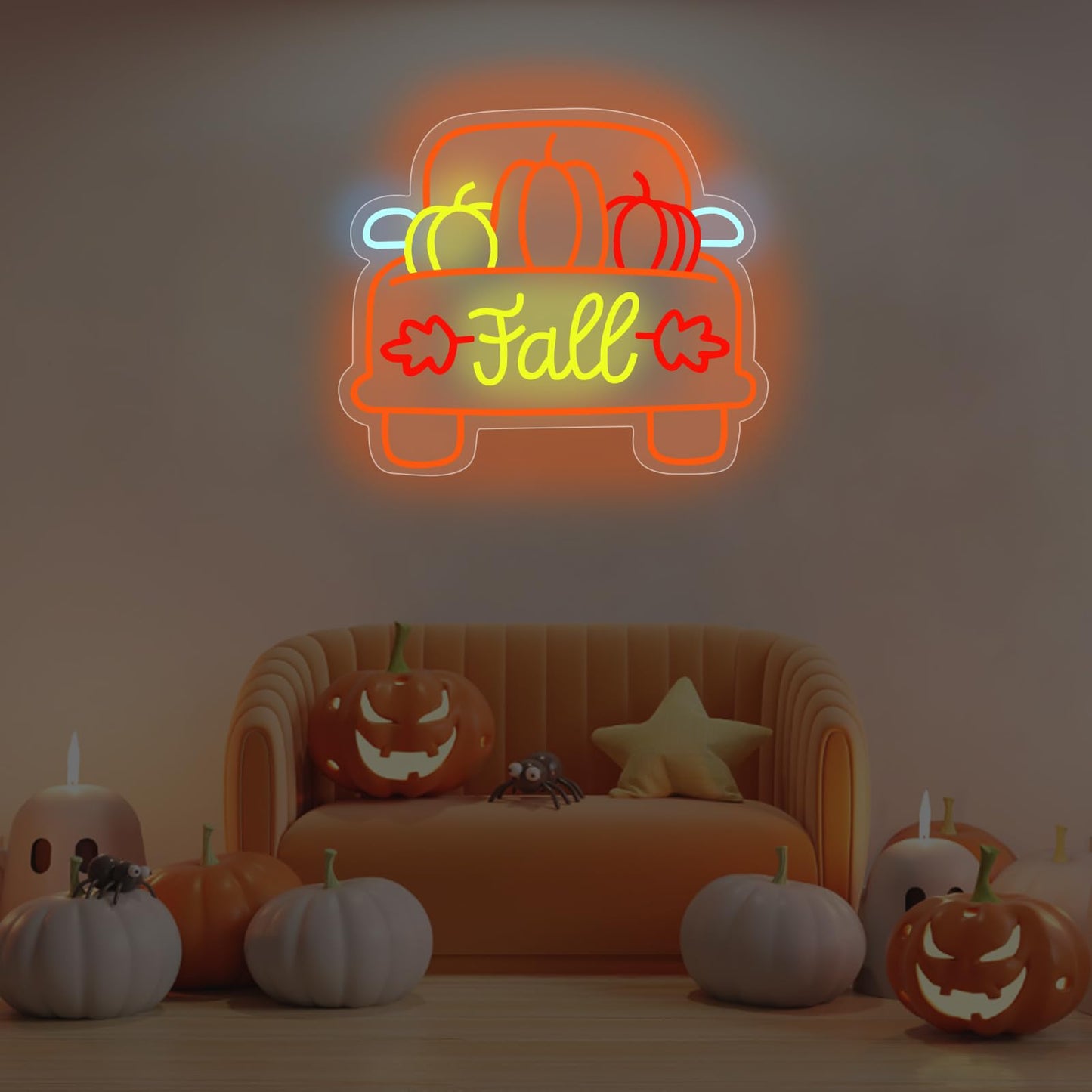 Thanksgiving Pumpkin Carriage Led Neon Sign  Fall Truck Led Light  Fall Thanksgiving Decor Led Neon Light Pumpkin Truck Neon Sign Autumn Home Farmhouse Decor 15.2X13