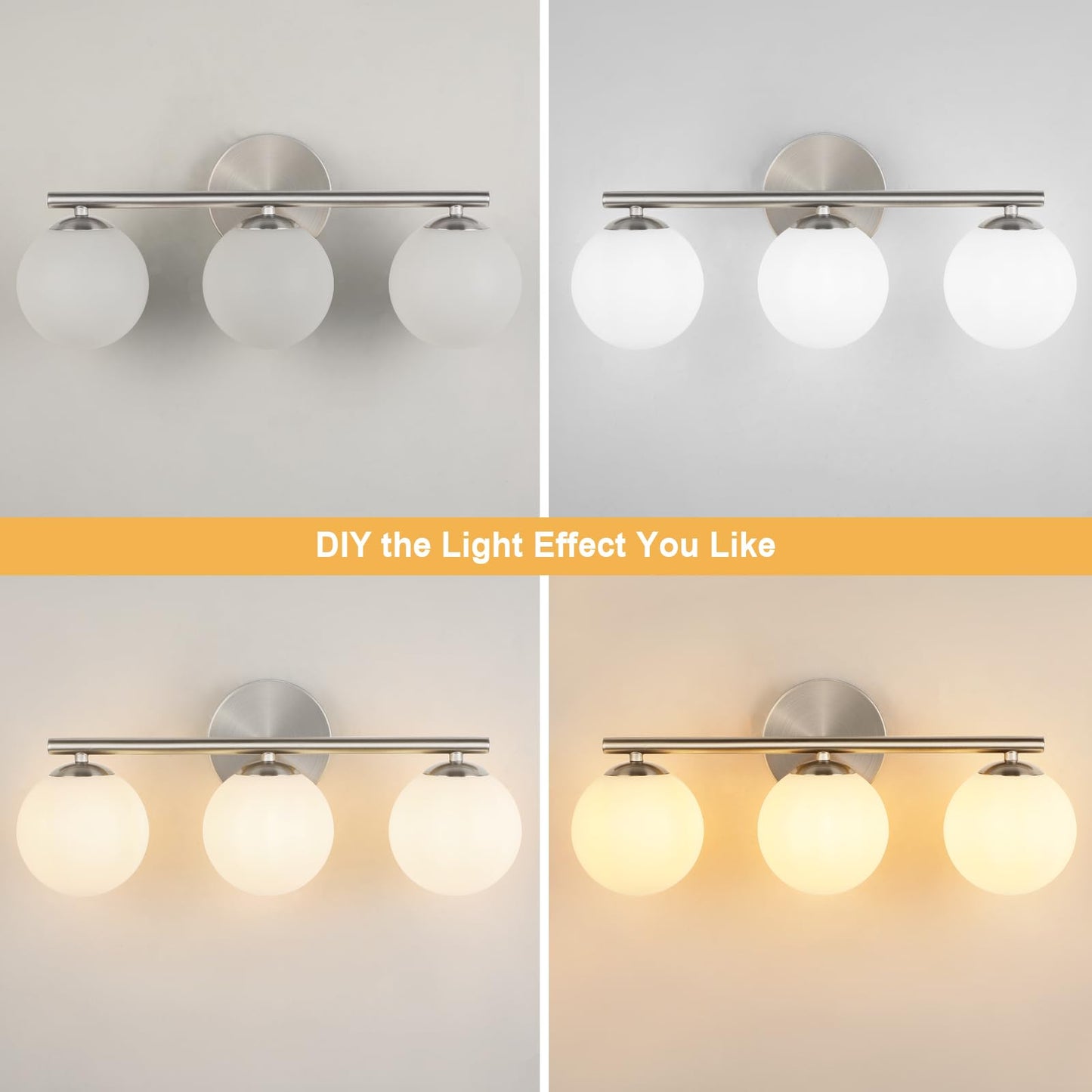 Foucasal Brushed Nickel Bathroom Light Fixtures 3-Light Globe Vanity Light With Plastic Milk White Globe Shades 11.81 Inch Wall Sconce Lighting Over Mirror Vanity Lights For Bathroom Bedroom Hallway