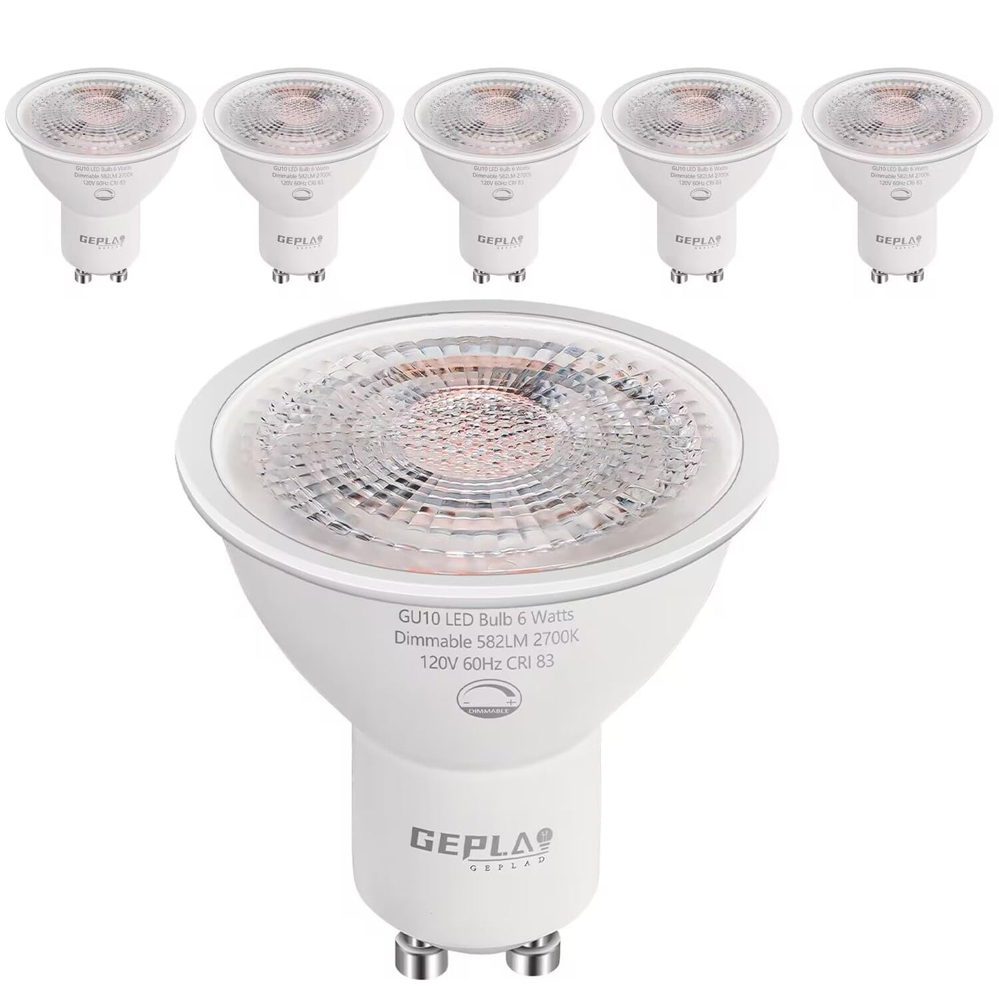 Geplad 6 Pack Gu10 Led Bulb Dimmable 6W, 582Lm, 2700K Warm White, Halogen Replacement, 38° Spotlight