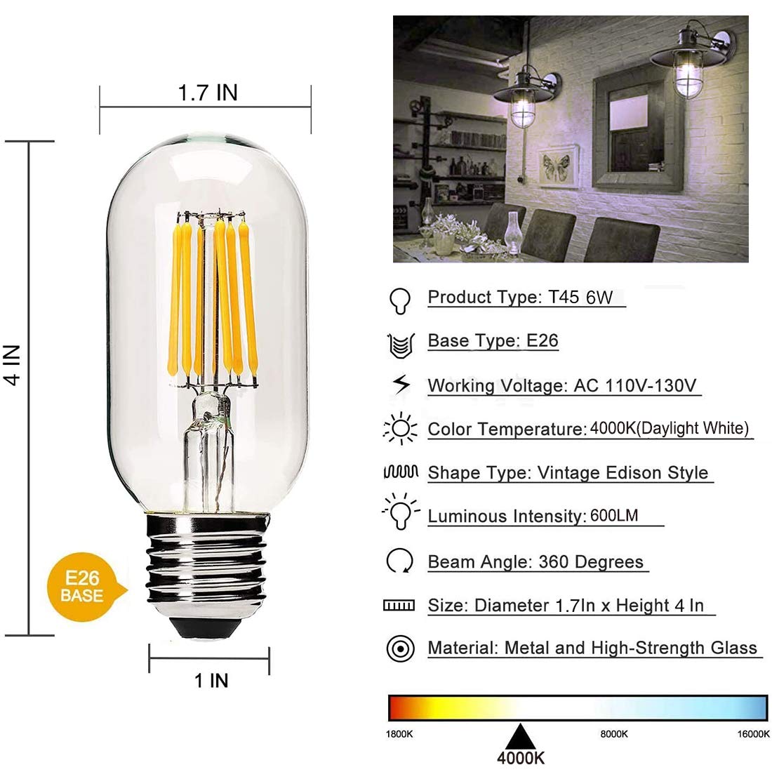 yfxrlight Dimmable Vintage Edison Bulb T45, 6W LED, E26 Medium Base, 4000K Daylight White, Pack of 6, Glass