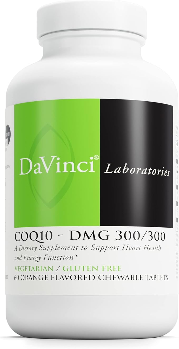 DAVINCI Labs CoQ10 - DMG 300/300 - Supports Heart Health and Energy Function* - Dietary Supplement with Coenzyme Q10 & Vitamin E - Vegetarian - Gluten-Free - 60 Orange Flavored Chewable Tablets