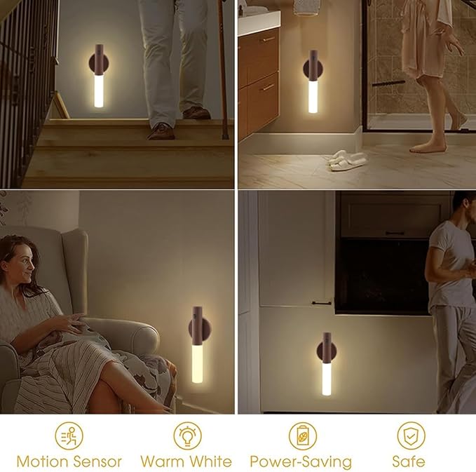 LANDGOO Wooden Nursery Night Light, LED Motion Sensor Nursing Lamp, USB Rechargeable Magnetic 360° Rotation Bedside Lighting for Bedroom Bathroom, Walnut Wood