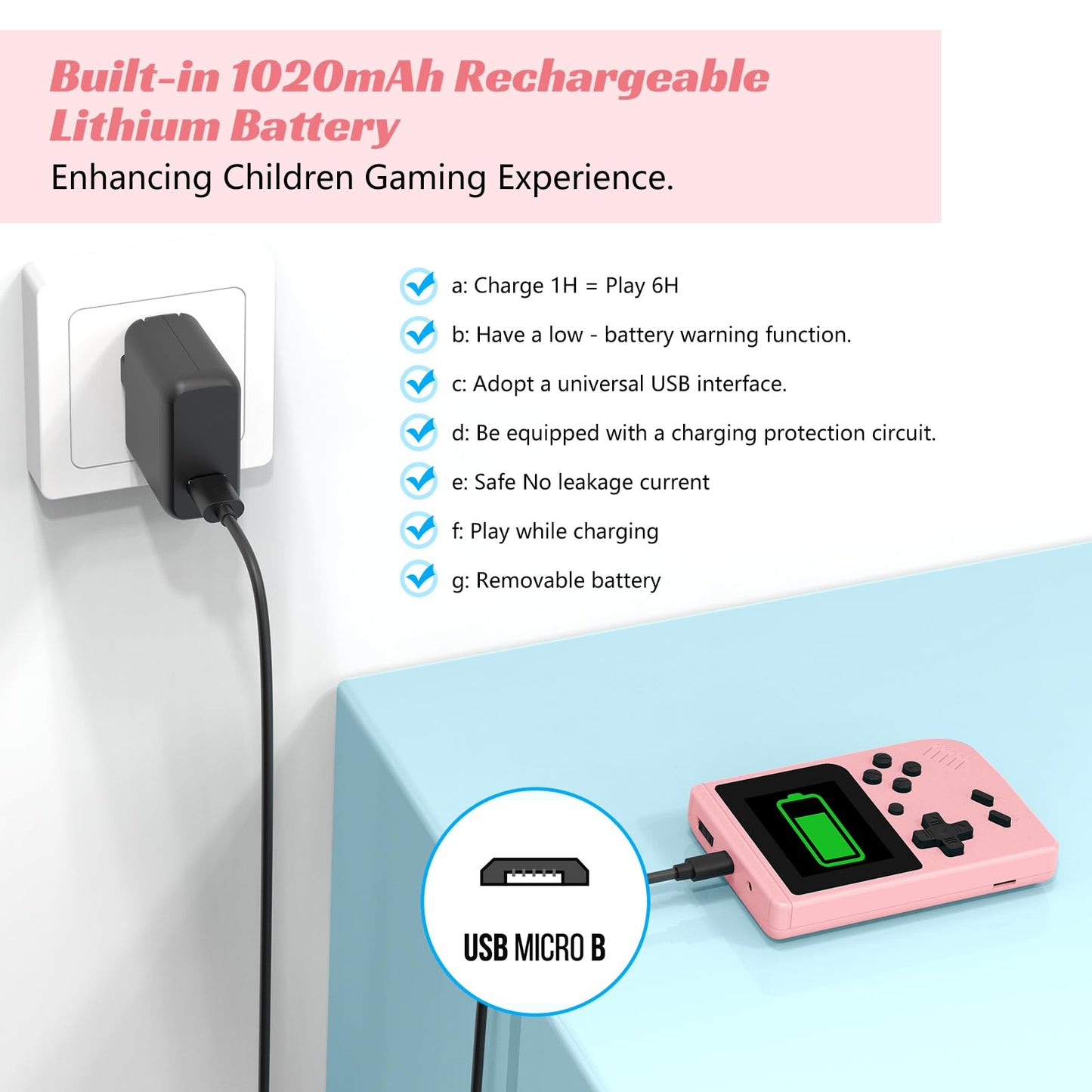 Retro Handheld Games Console, Built-in 400 Video Games, Portable Video Gaming Player with 3.0 Inch IPS Screen and Rechargeable Battery (Pink)