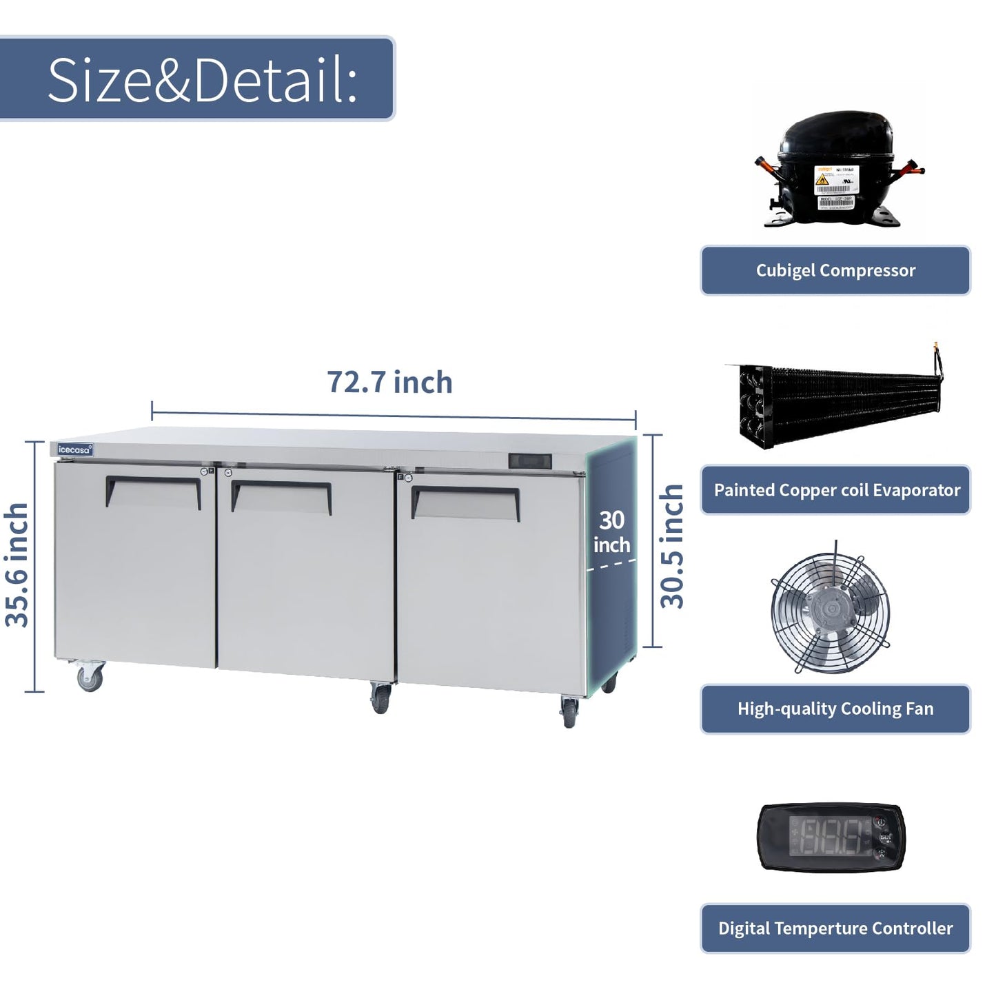 ICECASA 72" W Commercial Freezer Worktop Undercounter Freezer Three Door Stainless Steel Counter Fan Cooling 20 Cu.ft for Restaurant, Bar, Shop, etc