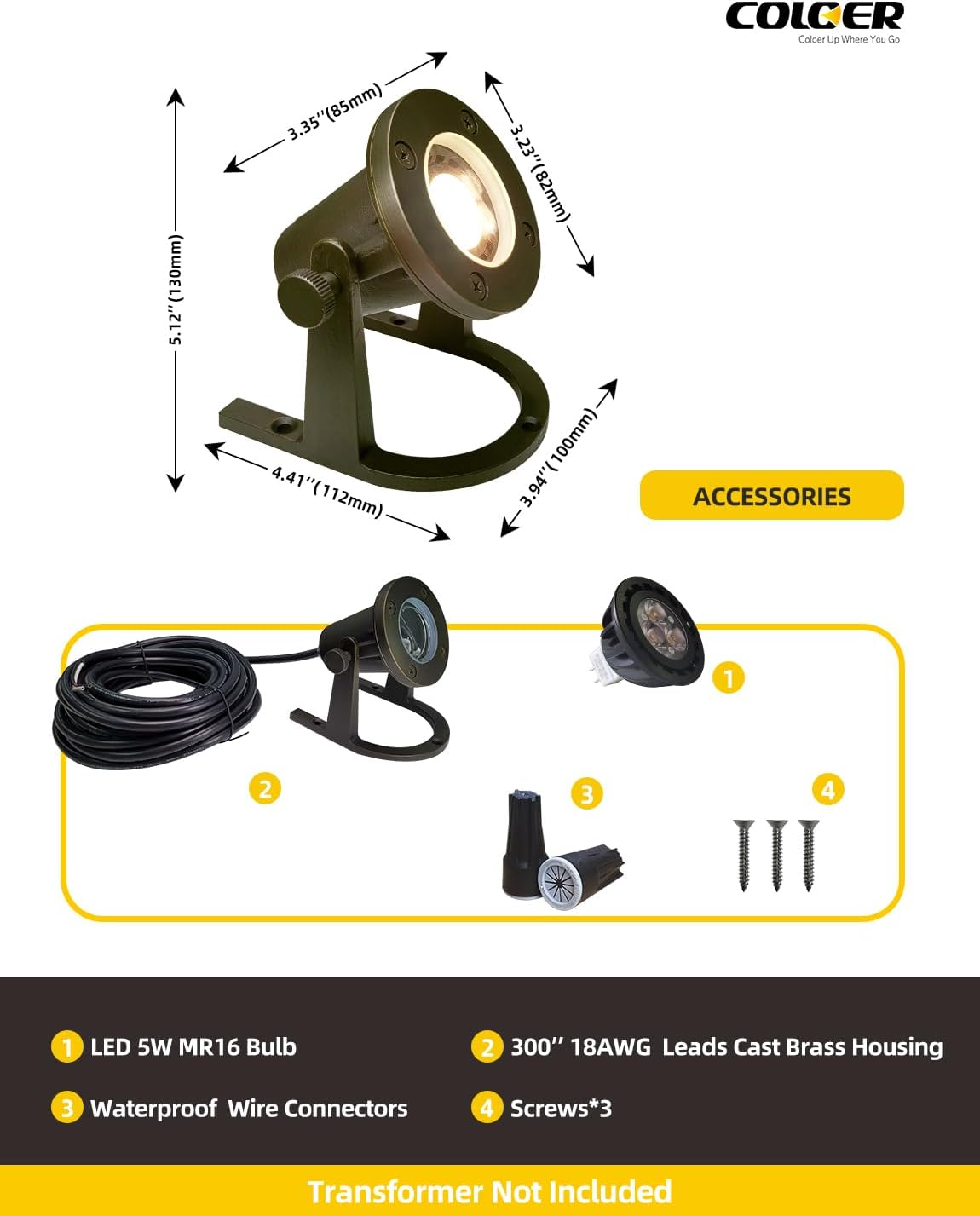 COLOER Brass Underwater Lights(Bronze) 10 Pack with LED MR16 Bulb 12V Low Voltage Fountain Light IP68 Waterproof Copper Outdoor Landscape Lighting for Swimming Pool Ponds or Outside Water as Spotlight