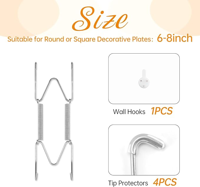 Bilillo Plate Hangers for The Wall, Suitable for 6-8 inch Decorative Plate, Stainless Steel Invisible Heavy Duty Wire Plate Holder with Wall Hooks, Plate Hangers for Displaying Plates, Silver
