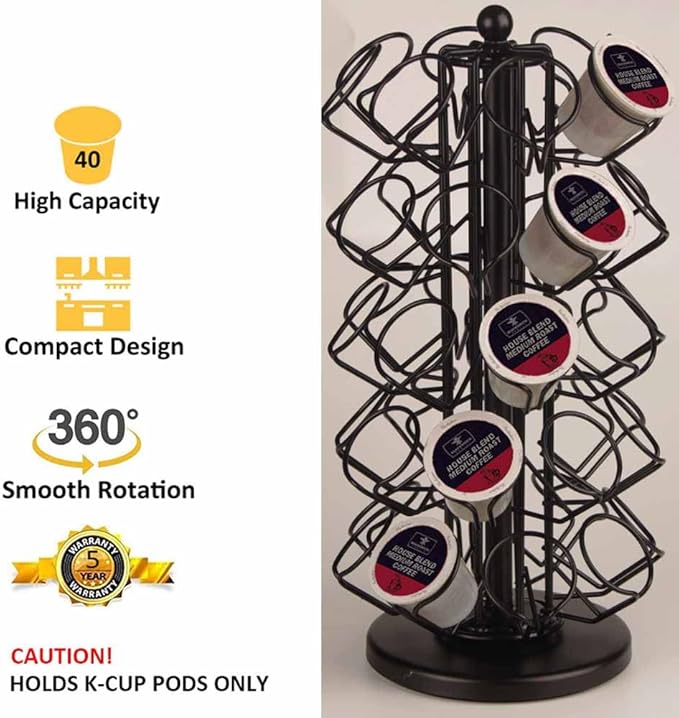 40x Pods Capacity K Cup Holders,K Cup Holder, K Cups Holder,K Cup Carousel, Coffee Pods Holder Storage Organizer Stand, No Assembly Required, Black (Deluxe Version,40 Pods Capacity)