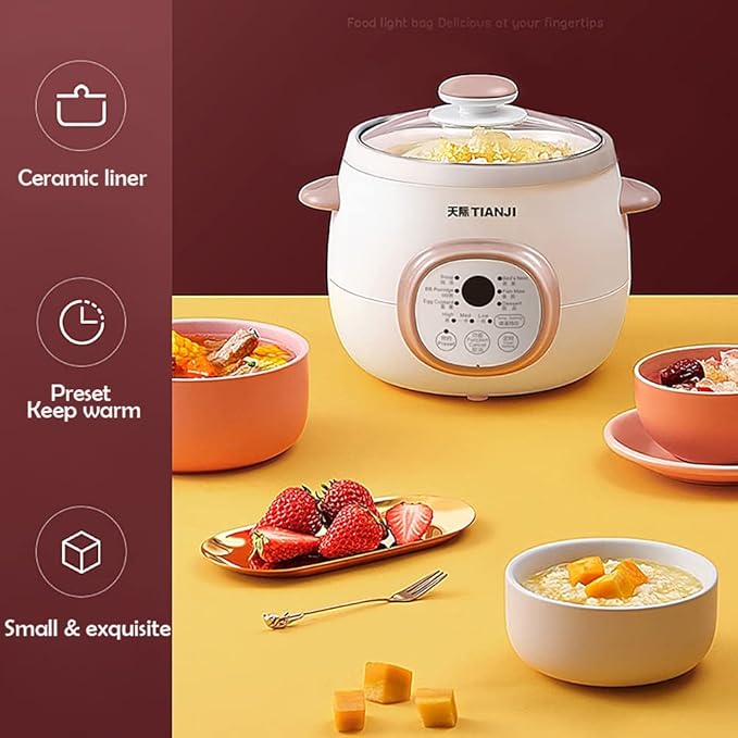 Electric Stew Pot, Ceramic Soup Porridge Cooker, Slow Cookers with Lid, 1L, White