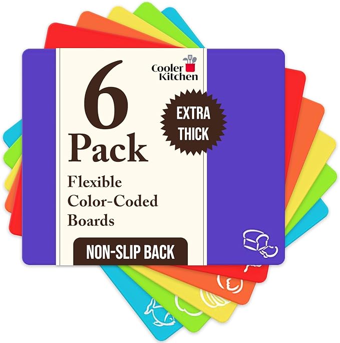 Cooler Kitchen Extra Thick Flexible Plastic Cutting Board Mats with Food Icons & EZ-Grip Waffle Back, (Set of 6) Dishwasher Safe