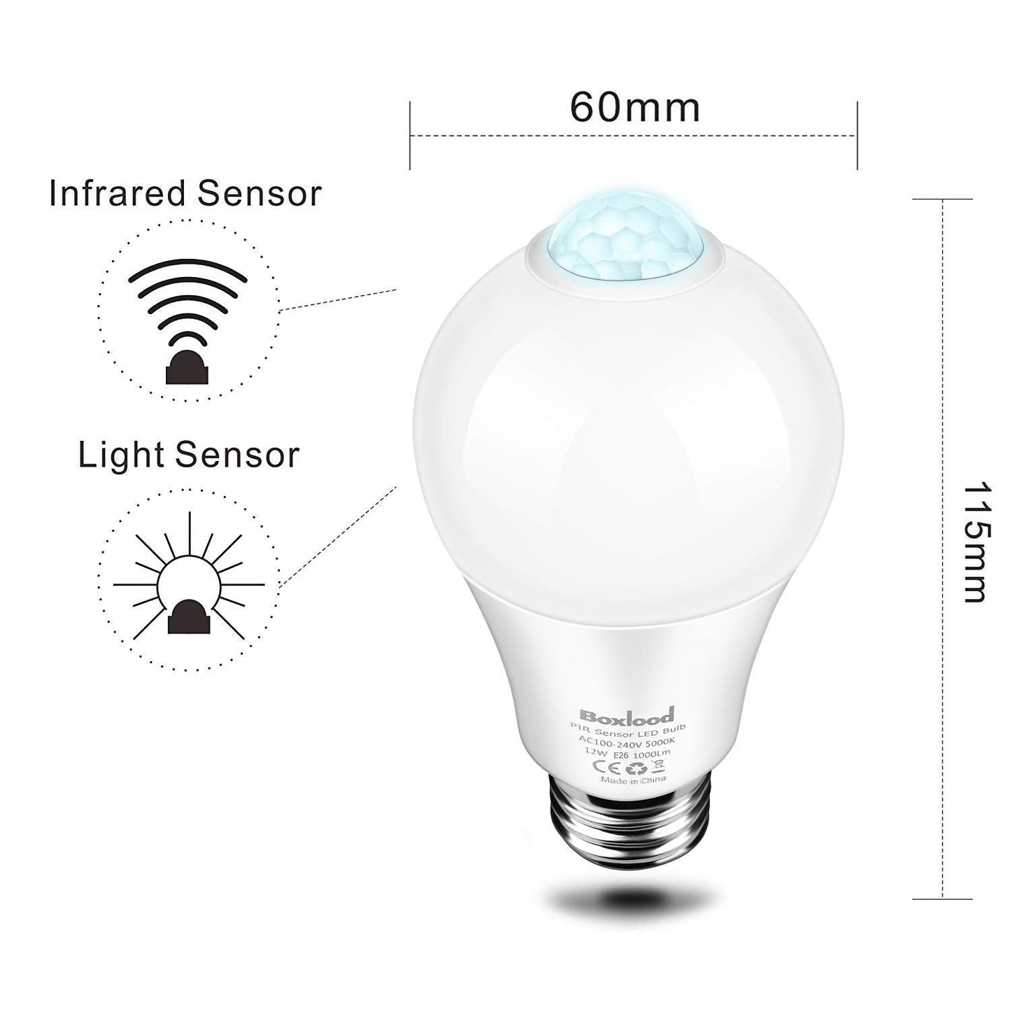 Boxlood Motion Sensor Light Bulbs, 12W (100W Equivalent), PIR Activated, E26, 5000K Daylight, 4 Count, Plastic