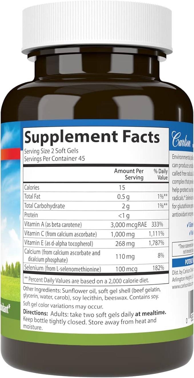 Carlson - ACES, Vitamins A, C, E + Selenium, Cellular Health & Immune Support, Antioxidant, 90 Softgels