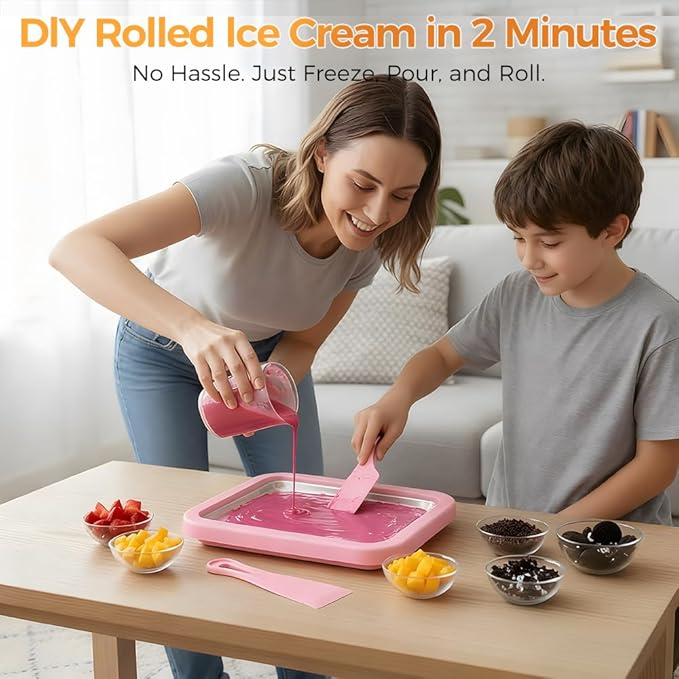 Rolled Ice Cream Maker Kit, At-Home Stainless Steel Instant Freeze Plate with 2 Scrapers, DIY Rolled Ice Cream Tray, Easy Homemade Desserts (White)