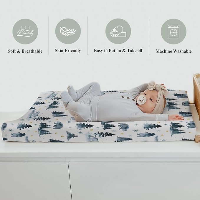 Watercolor Bear Winter Changing Pad Covers for Baby Girls Boys Pastel Bear Pine Trees Snowflakes Tracks Fitted Change Table Pad Mats Wild Animals Adventure Soft Diaper Changing Pad Sheets 32''×16''