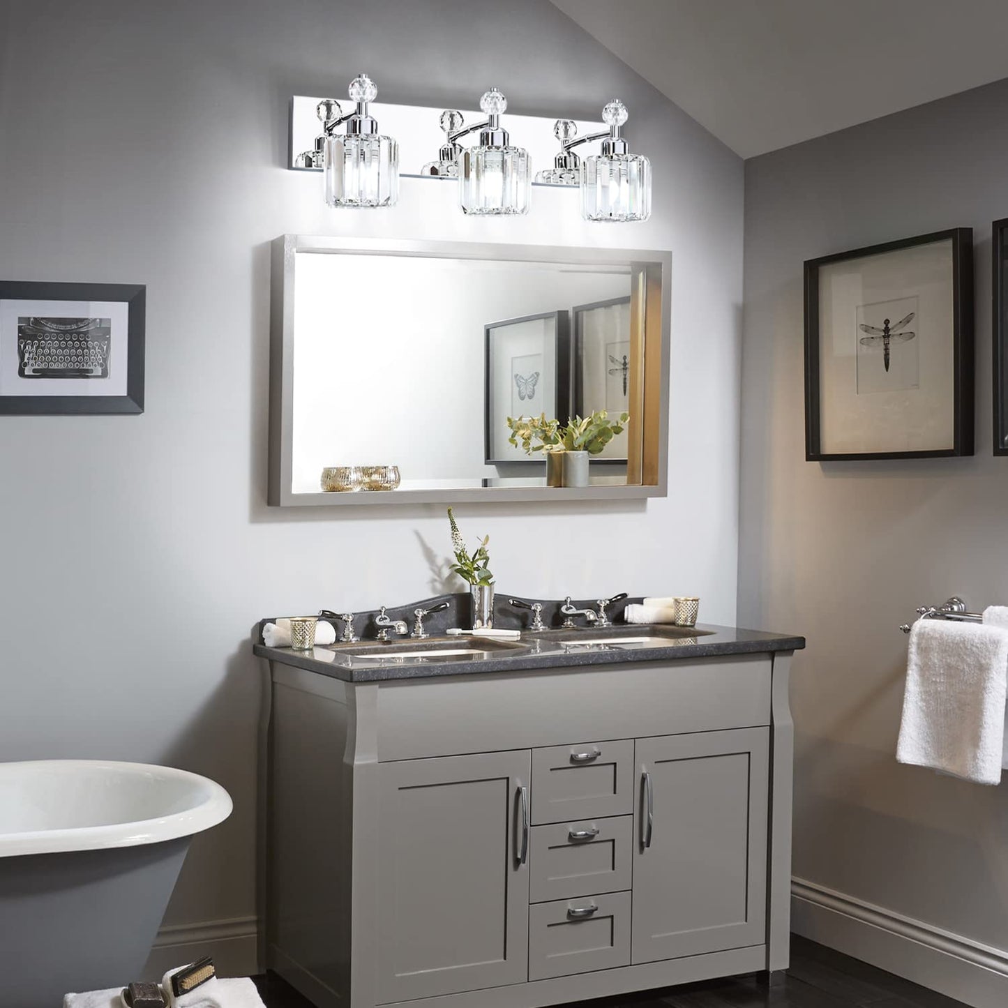 PRESDE Modern Crystal Bathroom Vanity Light Fixture, Chrome, 3 Lights, Stainless Steel, Wall Mount