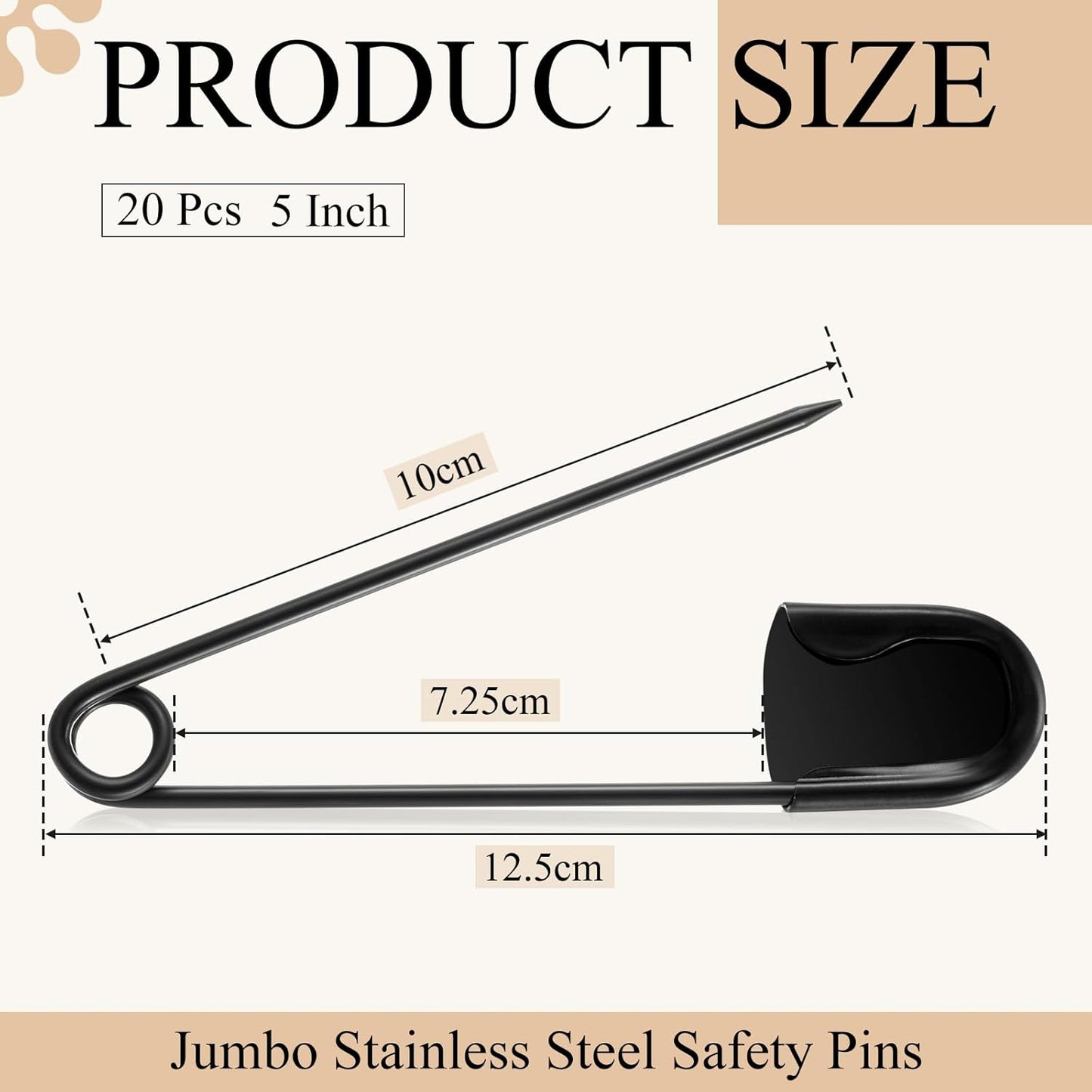 Juexica 20 Pcs 5 Inch Jumbo Stainless Steel Safety Pins Large Heavy Duty Huge Strong Laundry Pins for Upholstery Sewing Quilting Key Rings Craft Outdoor (Black)