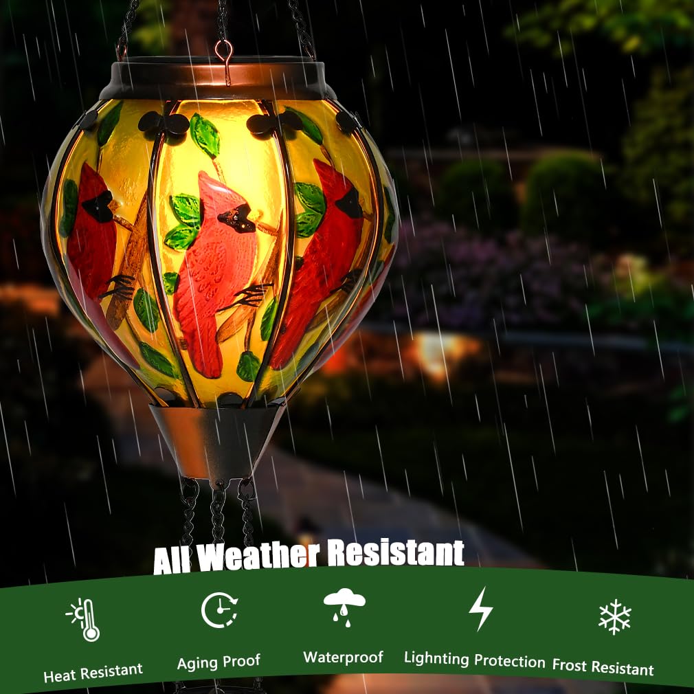Hot Air Balloon Solar Lantern - Large Cardinal Bird Glass Lantern  Simulated Flickering & Dancing Flame  Big Outdoor Hanging Yard Light Waterproof Ip65 For Patio Lawn Porch Decor Gift