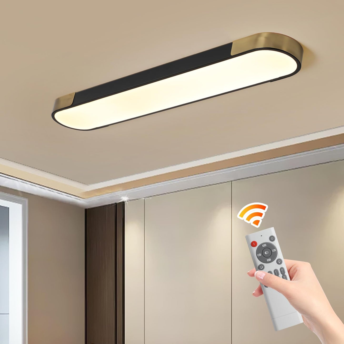 Qcyuui Kitchen Lighting Fixtures Ceiling 39.4 Inch Dimmable Modern Led Ceiling Light Black And Gold Long Linear Ceiling Light Fixture For Office Bedroom Kitchen Hallway (48W/3000-6500K)