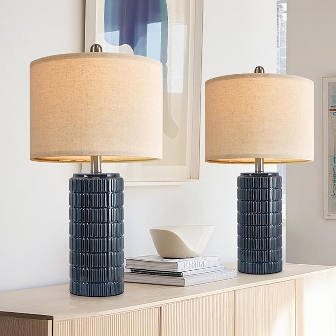 PoKat 24" Modern Ceramic Table Lamps Set of 2 for Bedroom, Blue Bedside Lamps for Night Stands, Farmhouse Desk Decor Nightstand Table Lamps for Living Room End Table Dark Blue