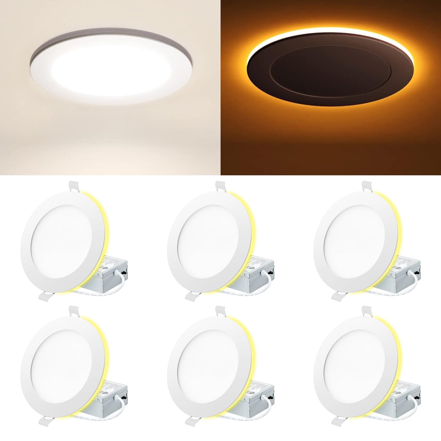 Eosmile 4 Inch White Led Recessed Lighting With Night Light 6 Pack Canless Wafer Ceiling Light  2700K-5000K Selectable  9W  120V  750Lm  Dimmable  Etl Fcc