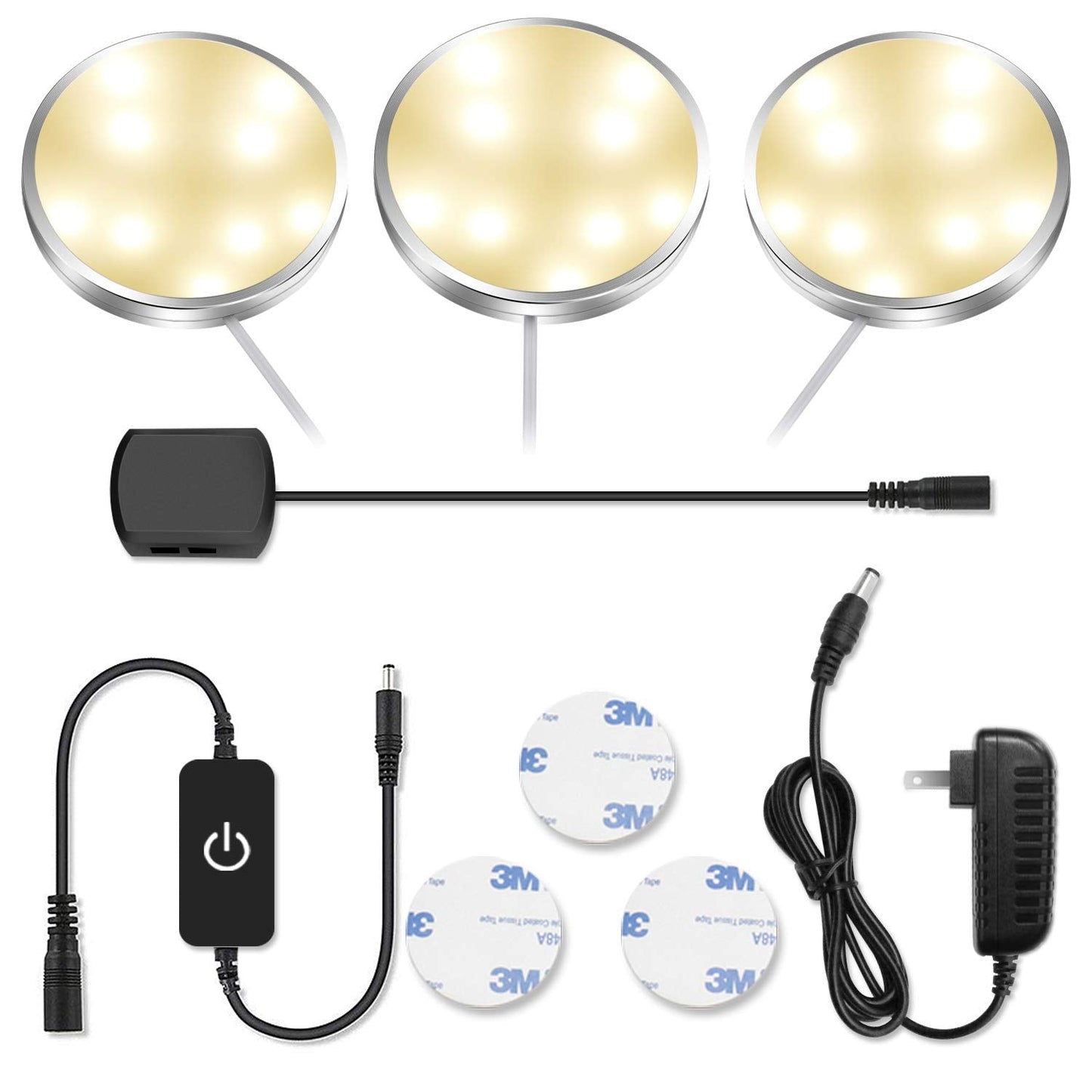 YGS-Tech LED Puck Lights, Warm White, Aluminum, Touch Dimming, 3-Pack, Under Cabinet Lighting