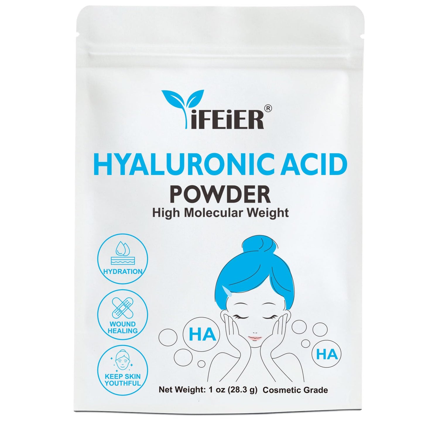 iFEiER Hyaluronic Acid Powder | High Molecular Weight Hyaluronic Acid Serum Powder | 1oz(28.3g) Cosmetics Grade | Sodium Hyaluro